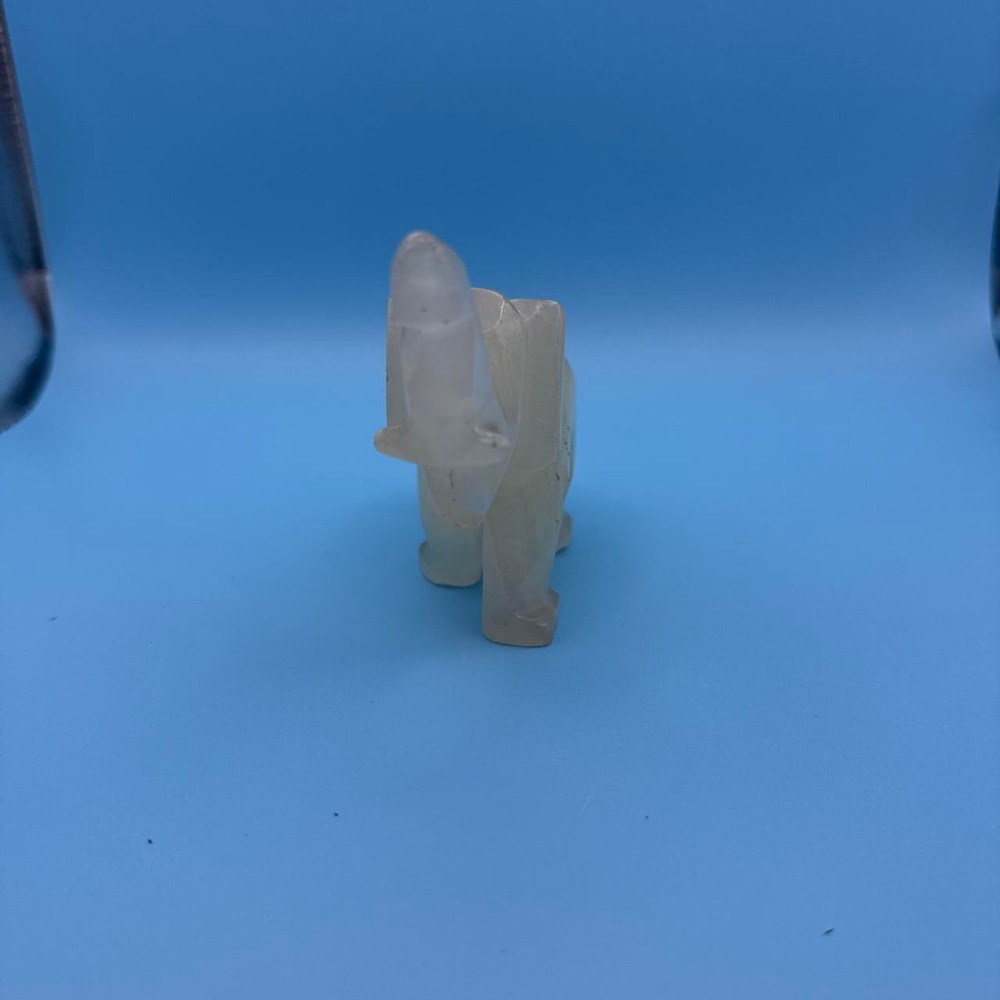 Vintage Hand Carved White Onyx Elephant Figurine Trunk Up Good Luck Stone Decor